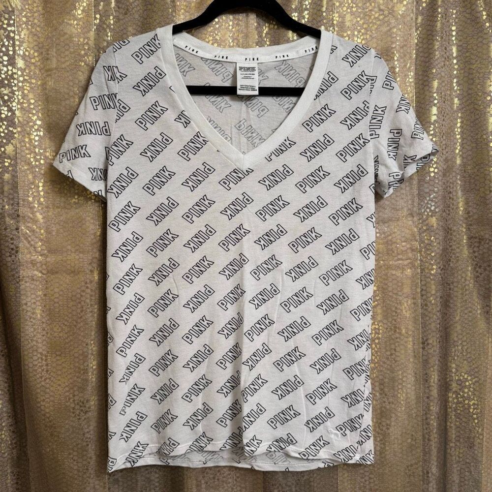 PINK Victorias Secret White Black All Over Logo V Neck T Shirt Small